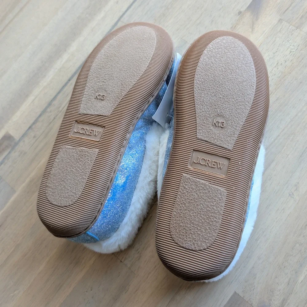 J.Crew Crewcuts Kids Glitter Slippers Size K13 Blue White Faux Fur NEW!